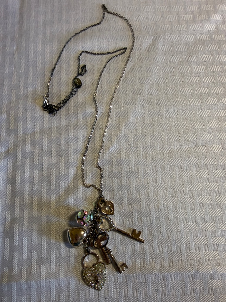 Silver Tone Heart & Key Charm Necklace With Iridescent Accents